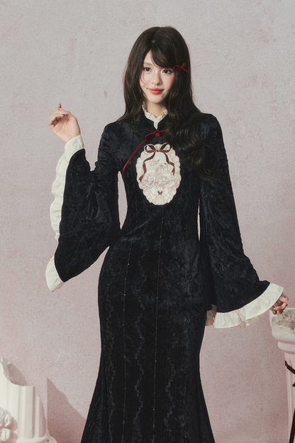 レトロゴージャスブラックベルベットマーメイドテールチャイナドレス+マント