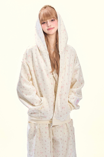 リトルキュートフラワーフードパーカー+リボンキャミソール+ワイドパンツ