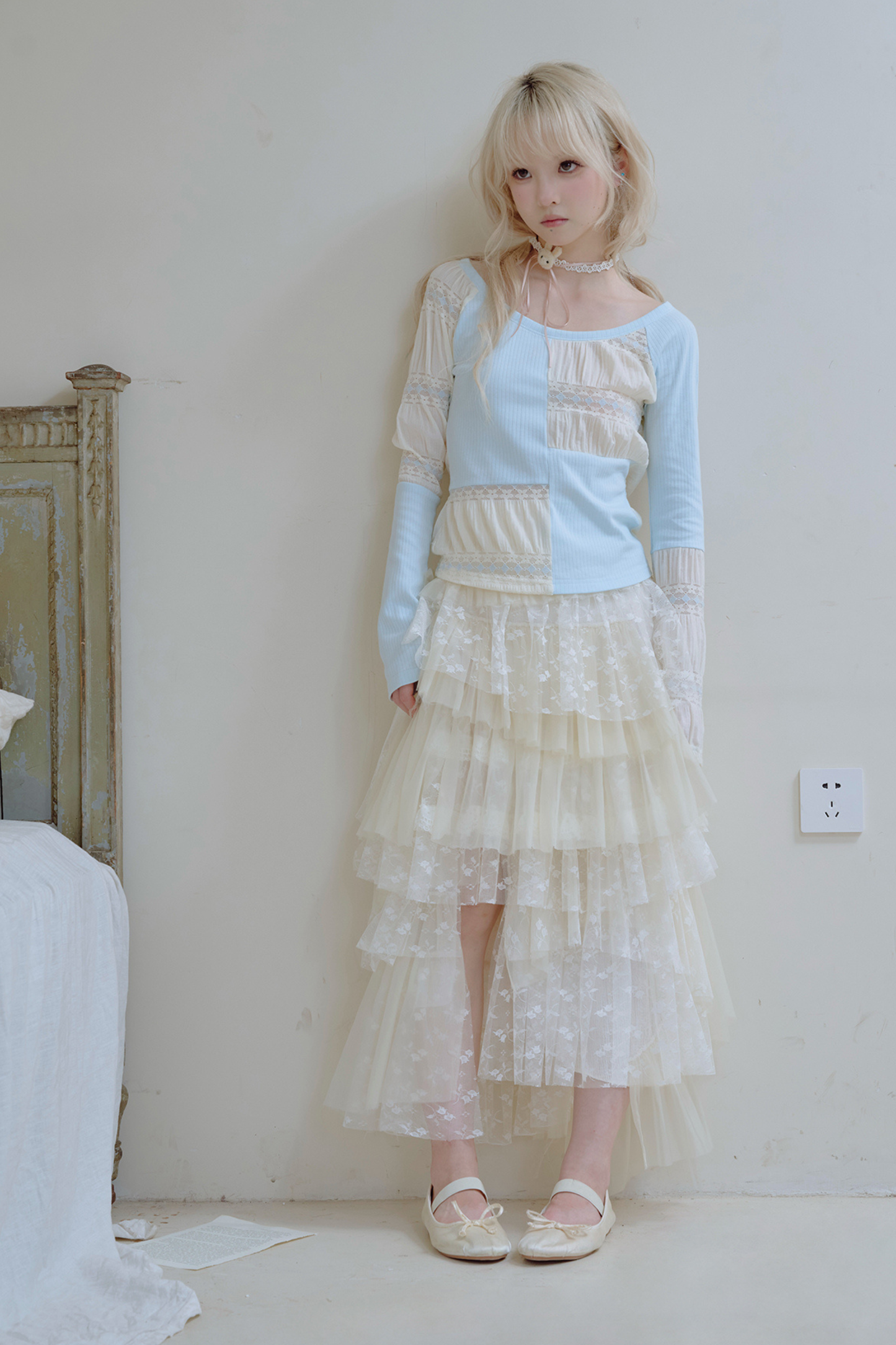 パッチワークデザインクルーネックトップス