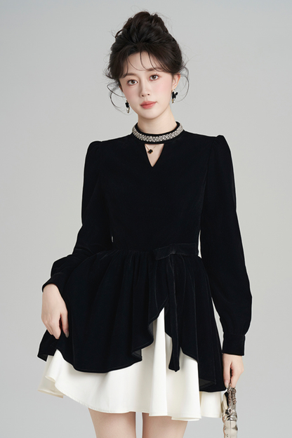 フレンチブラックベルベットラフルドレス