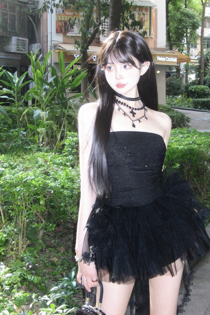 スパンコールトップス＋メッシュAラインスカート