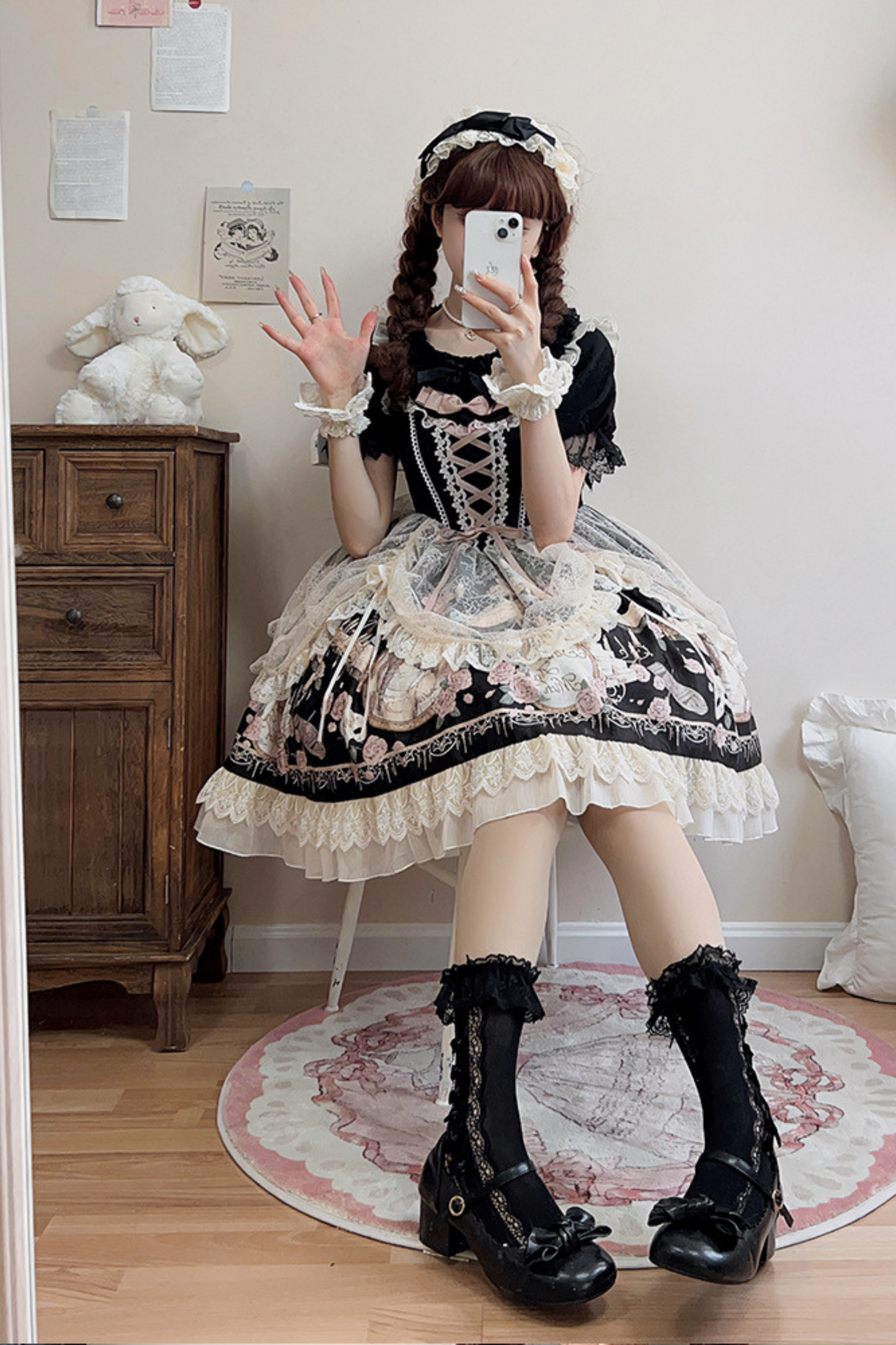 Daily Color Sweet Princess Jumper Skirt + Lace Doll Shirt