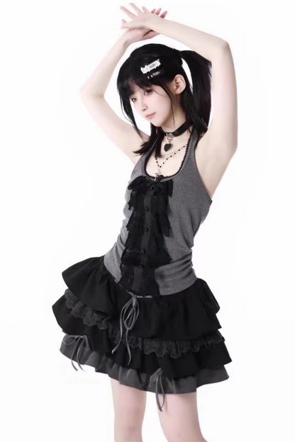 ヴィンテージショートカーディガン＋レースホルターネックトップス＋スカート