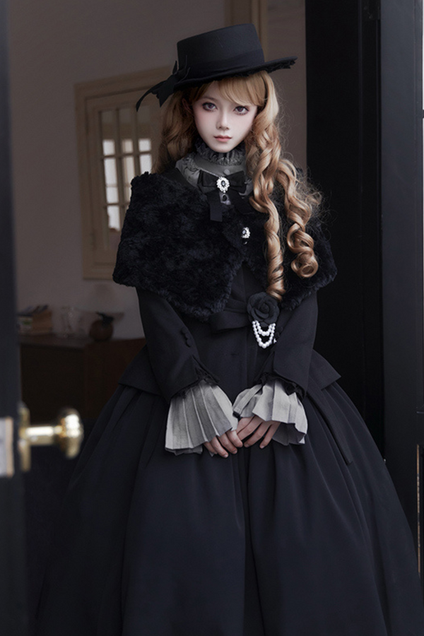 [Pre-Order] Dark Sweet Lolita Dress + Faux Collar + Necklace + Jacket + Ribbon + Sleeve + Fur Shawl