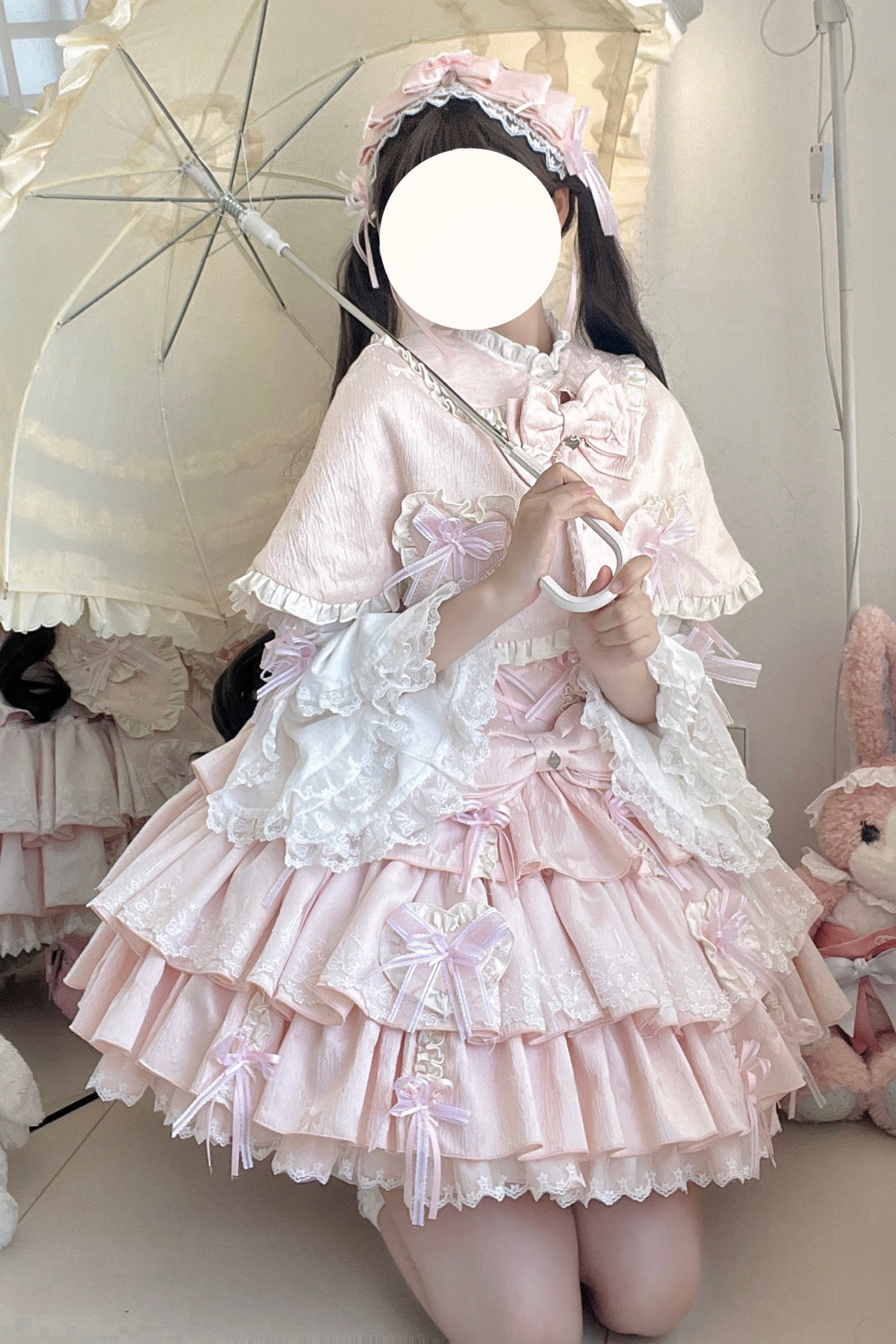 レイヤーフリルスイートプリンセスロリータジャンパースカート+テール+ヘアバンド+ケープ+ボンネット