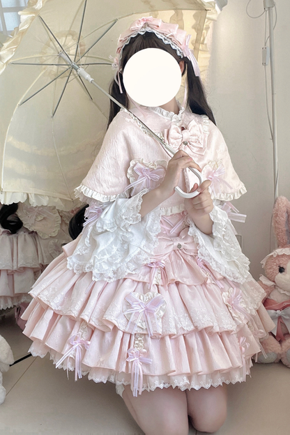 レイヤーフリルスイートプリンセスロリータジャンパースカート+テール+ヘアバンド+ケープ+ボンネット