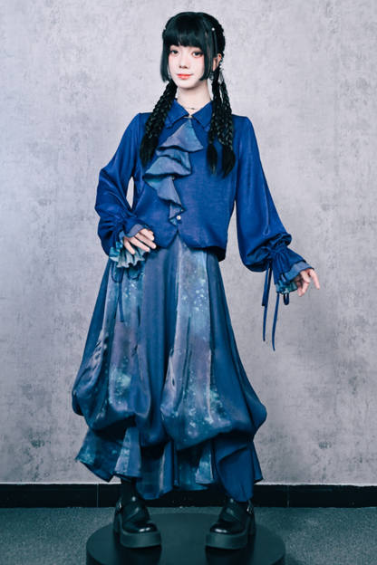 Blue World Floating Light Splice Ruffle Lantern Sleeve Shirt