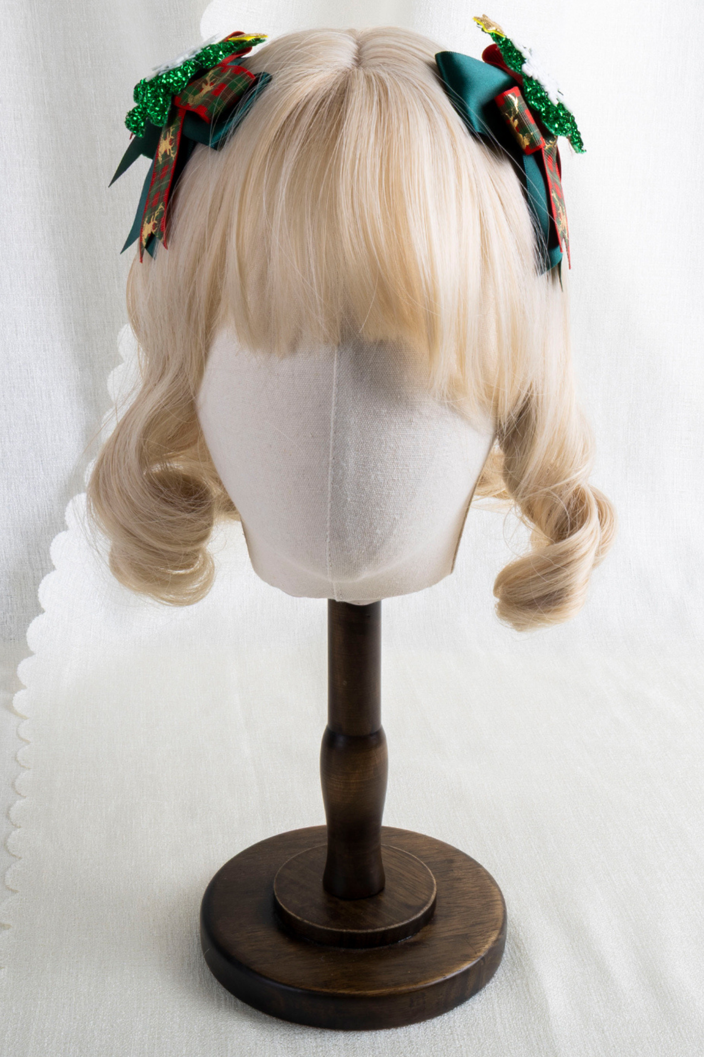 クリスマスチェックヘアーオーナメントリボンクリップ+ハットクリップ+ヘアバンド