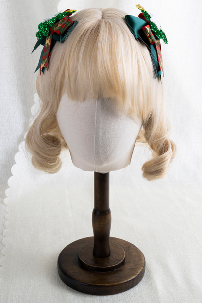 クリスマスチェックヘアーオーナメントリボンクリップ+ハットクリップ+ヘアバンド
