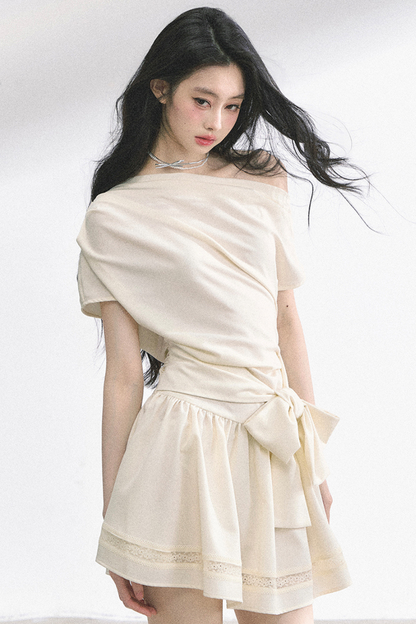 ウエストスリムパフィーオフショルダードレス