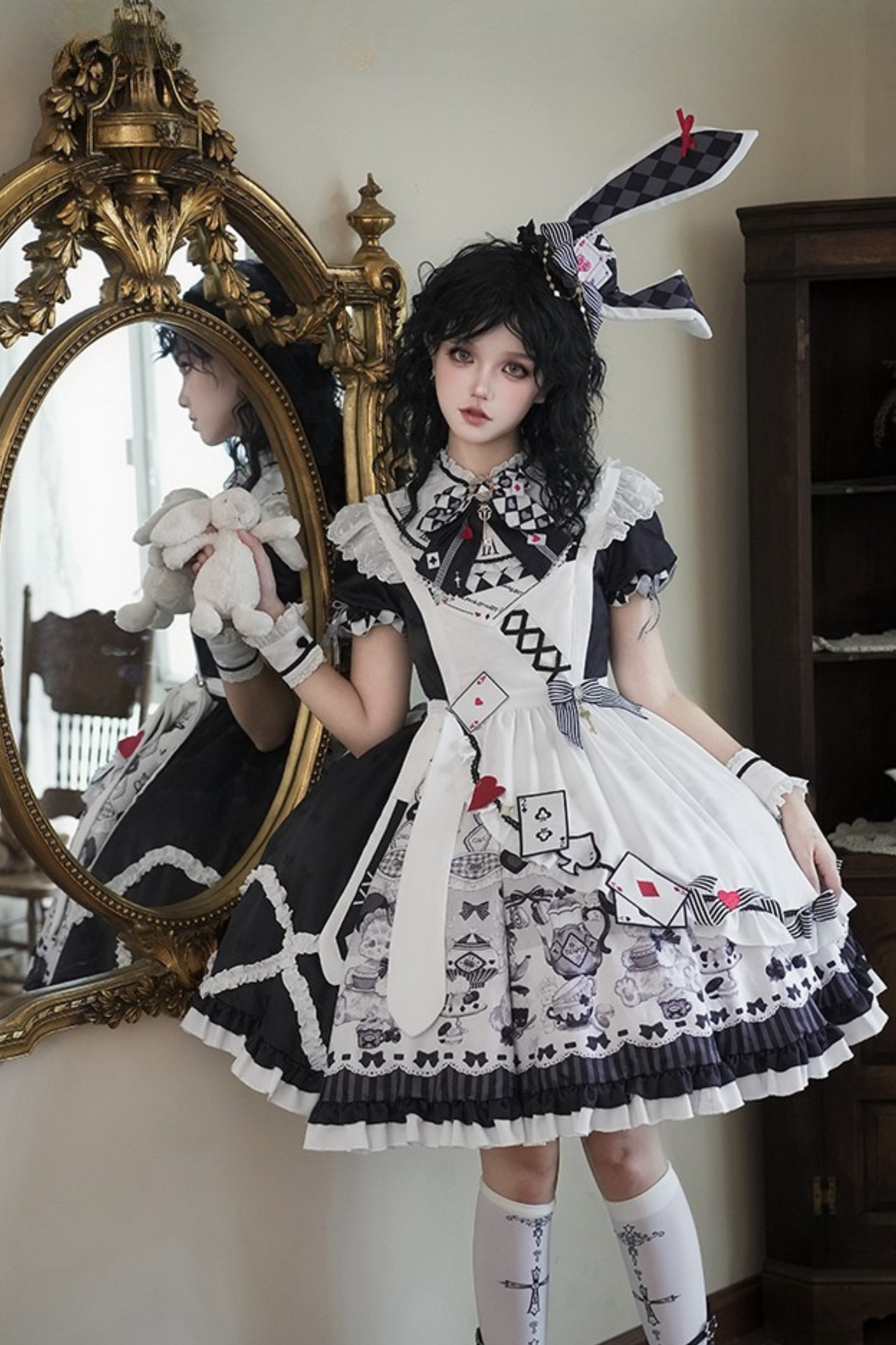 【数量限定】アリスティーパーティーアシメエプロンドレス＋うさ耳ハットドレスフルセット