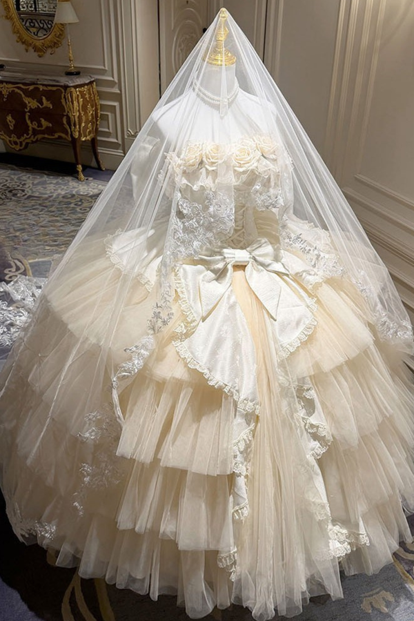 [Précommande jusqu'au 4 avril] Robe Lolita de Mariage Abricot + Châle + Manches + Queue de Ruban + Voile