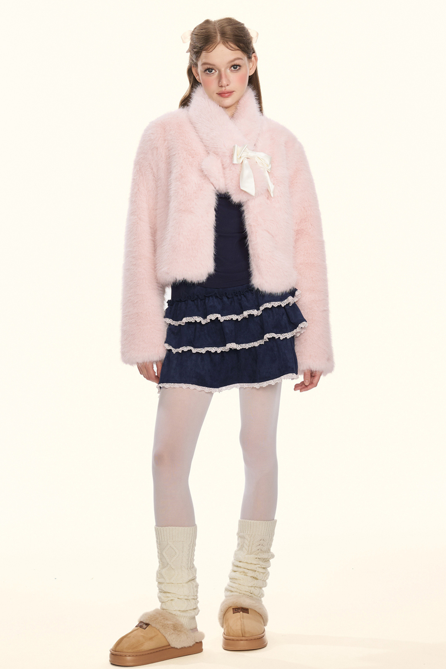 Sweet fur short coat + ribbon scarf