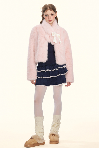 Sweet fur short coat + ribbon scarf