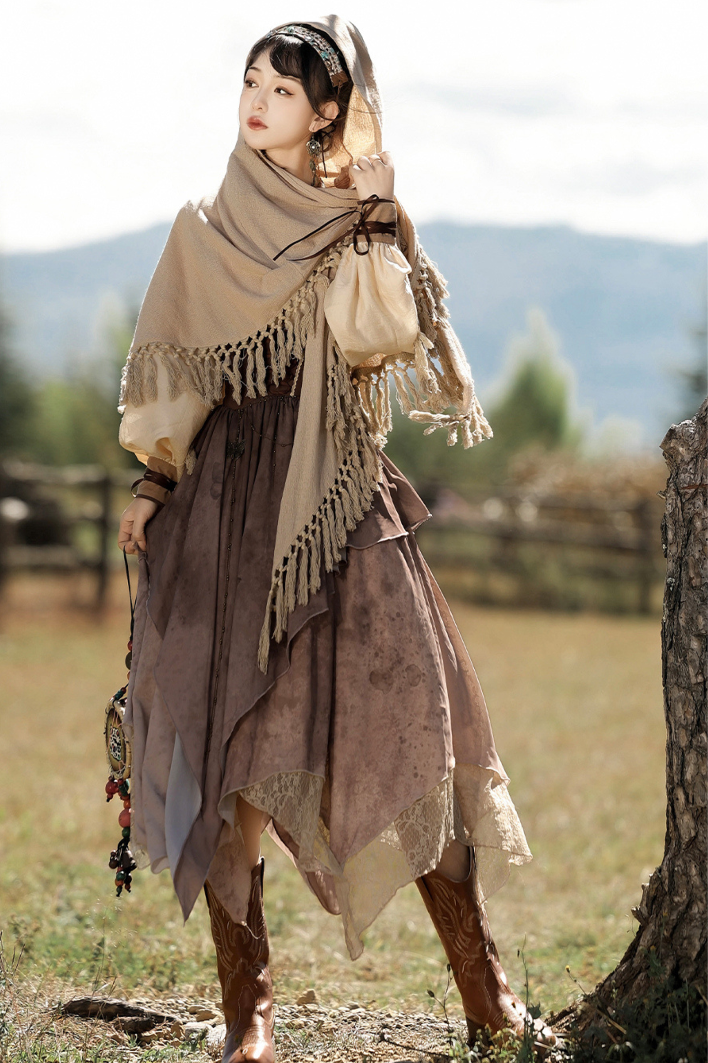 サンセット民族フードケープ+サスペンダースカート+トップス