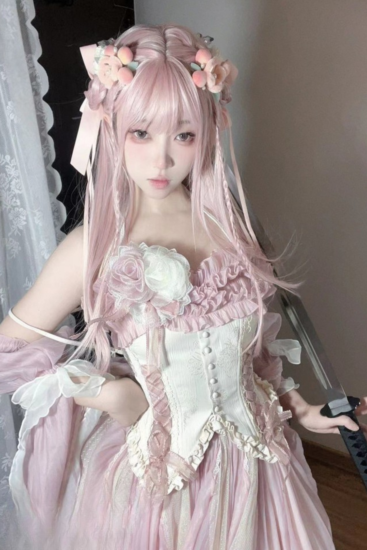 Blue Pink Fishbone Corset Wedding Dress