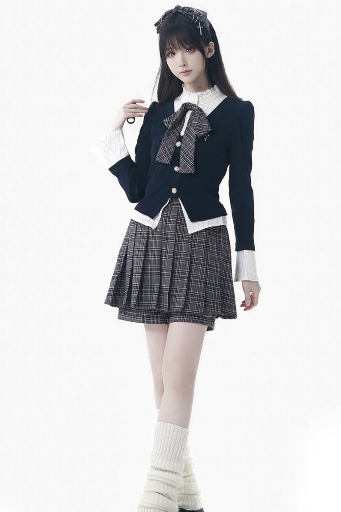 カレッジスリムフェイクツーピーストップス+チェックキュロット