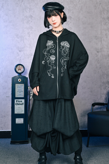 Draped Bat Sleeve Printed Hooded Hoodie