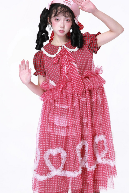 Retro Heart Mesh Plaid Skirt