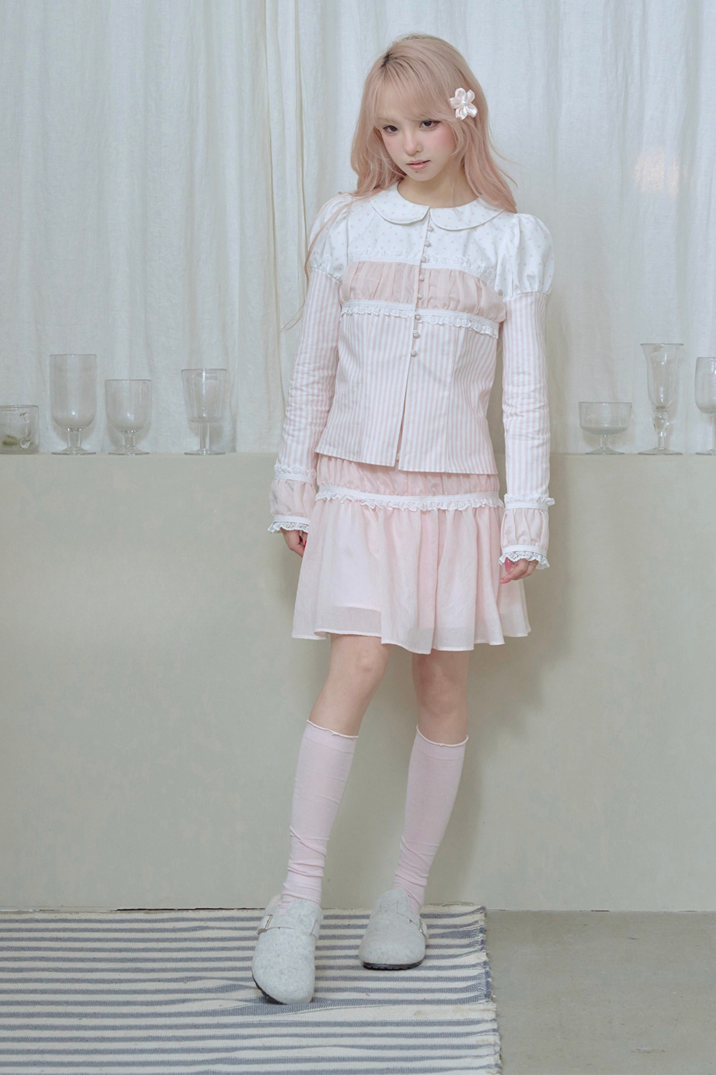 ストライプドールカラーパフスリーブシャツ