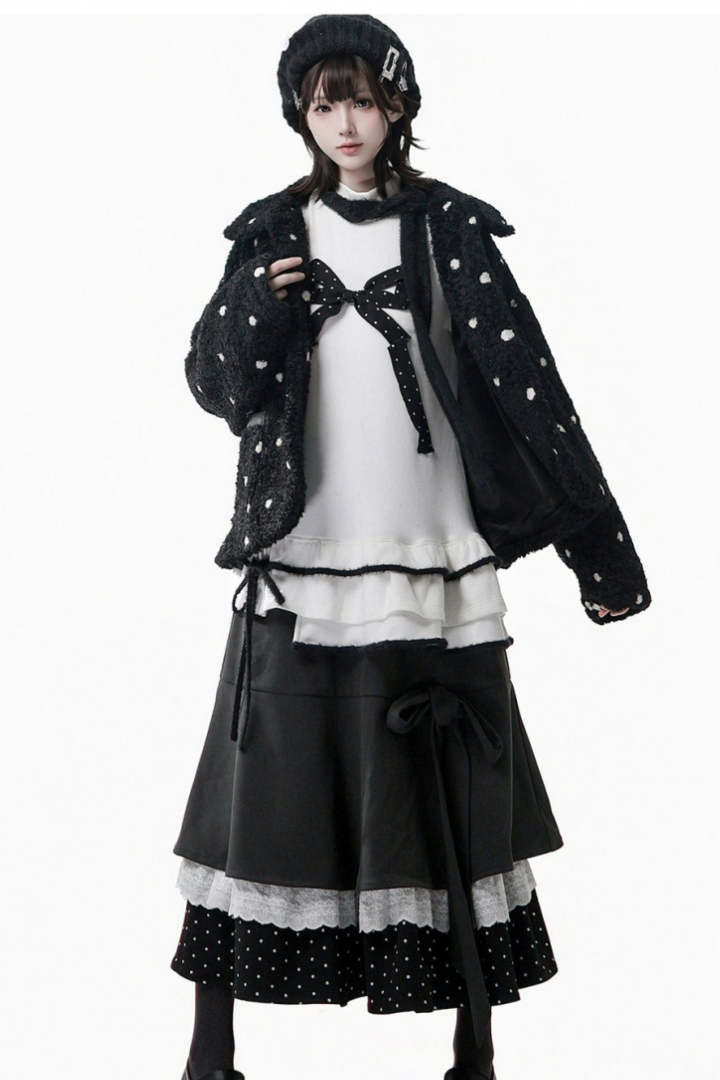 ポルカドットウィンターフリースジャケット+ベスト+トップス+スカートスカーフ