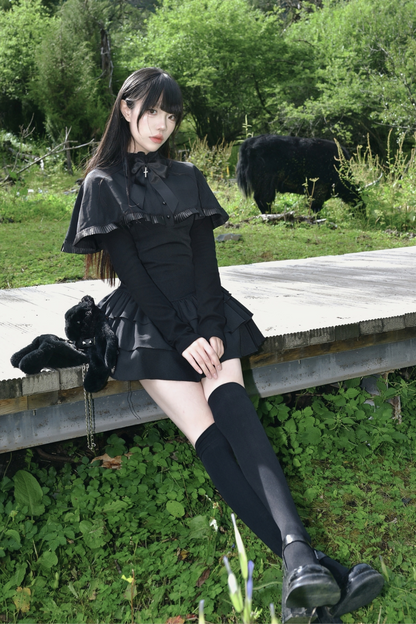 Ruffled Cape Design Low Rise Lace Dress