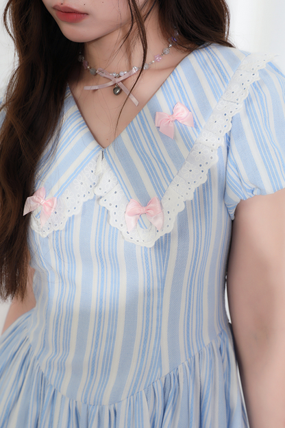 Lace Ribbon Blue Striped Dress