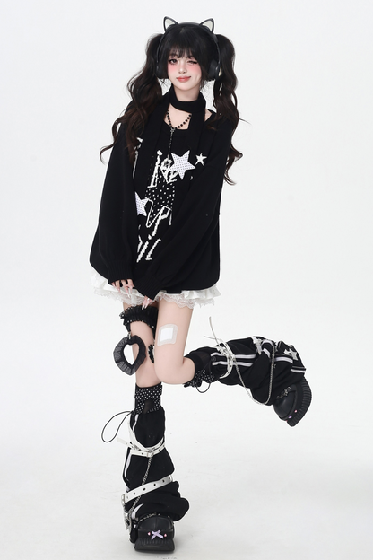 スターデザインルーズラウンドネックトップス