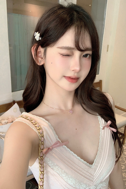 スイートショルダーリボンノースリーブトップス＋レースワイドパンツ