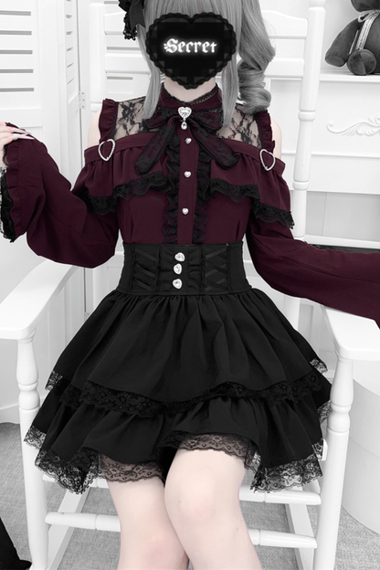 Lace off-the-shoulder shirt + lace-up skirt