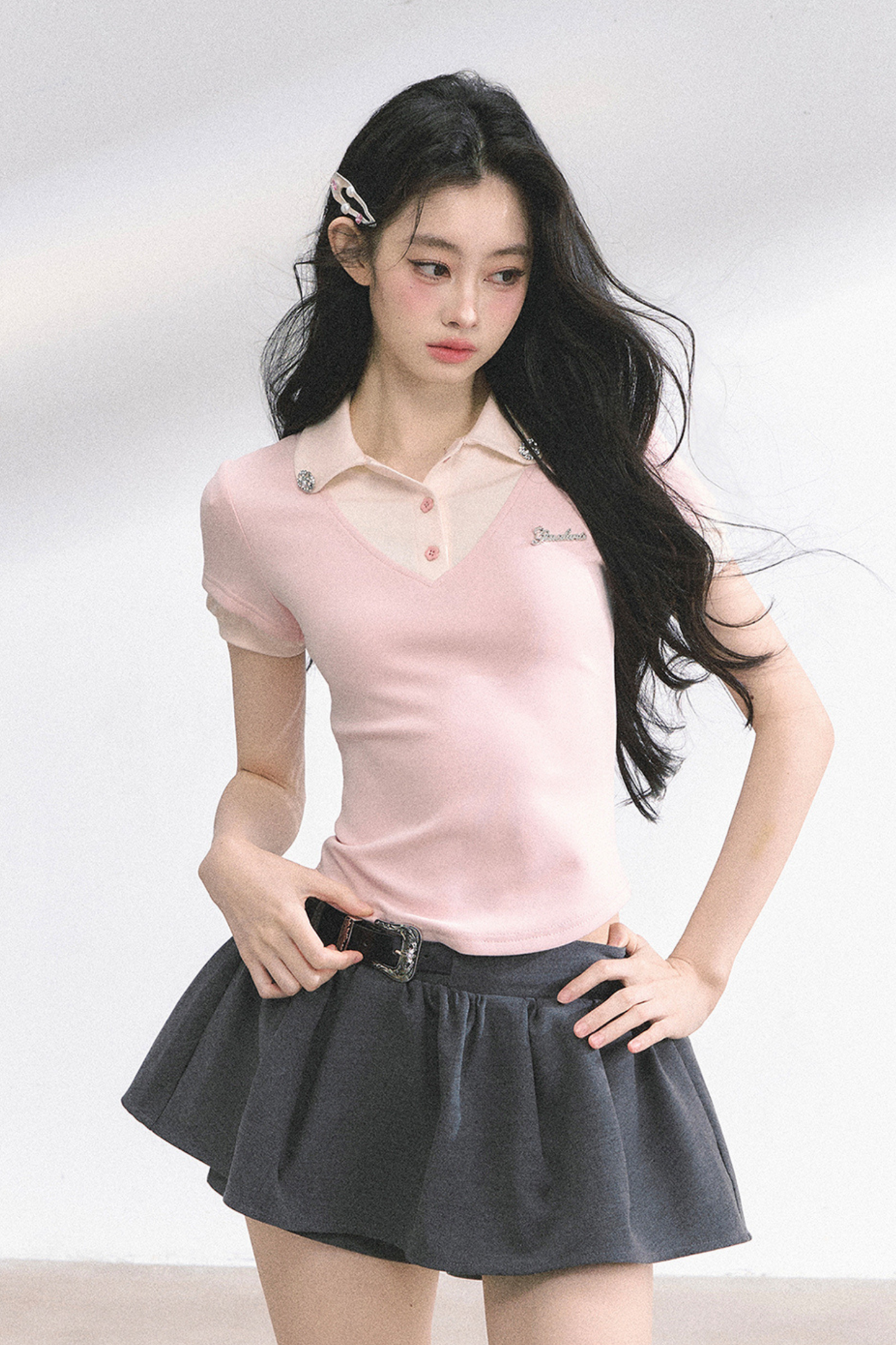 フレンチシャツタイトガーリートップス