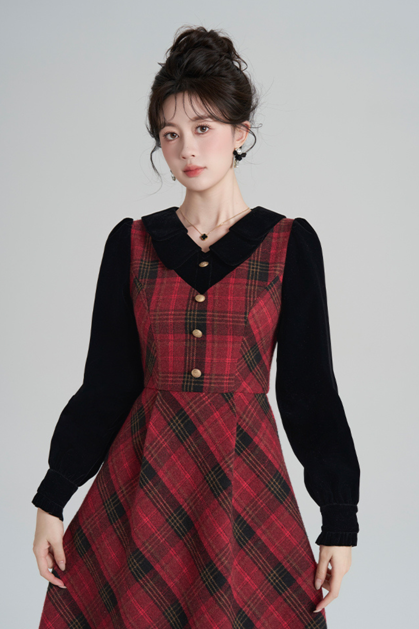 レッドレトロチェックツイードドレス