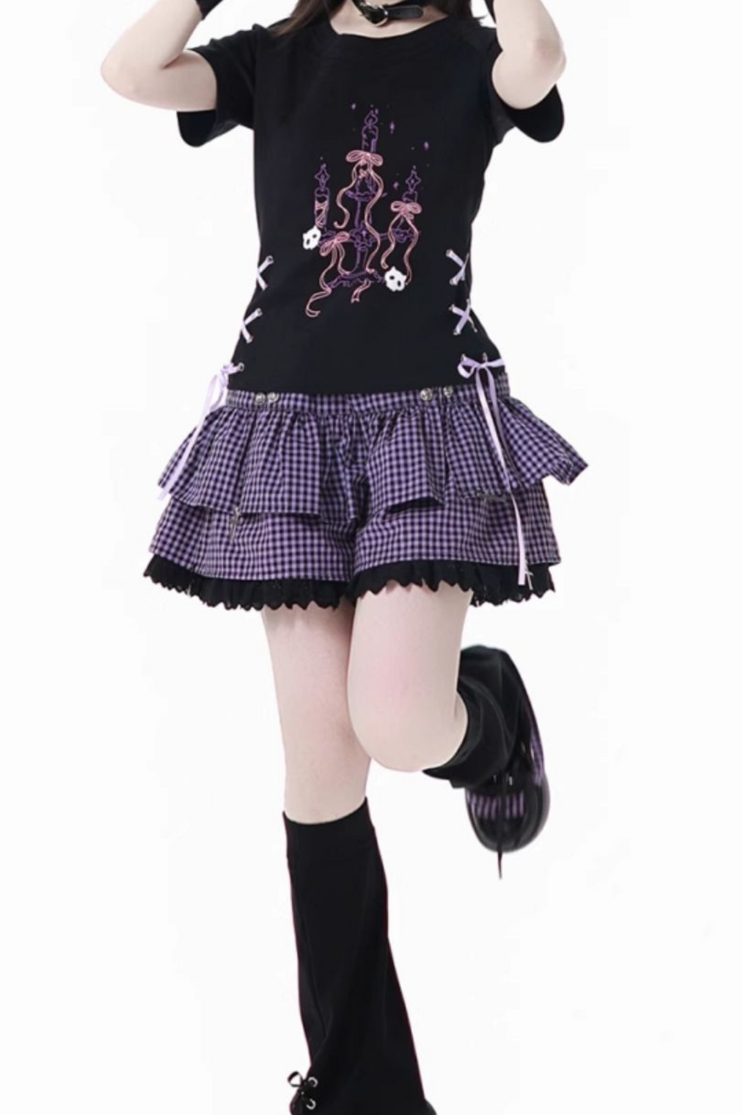 パープルグリッドカラーブロックトップス+フードトップス+パンツ+レッグウォーマー