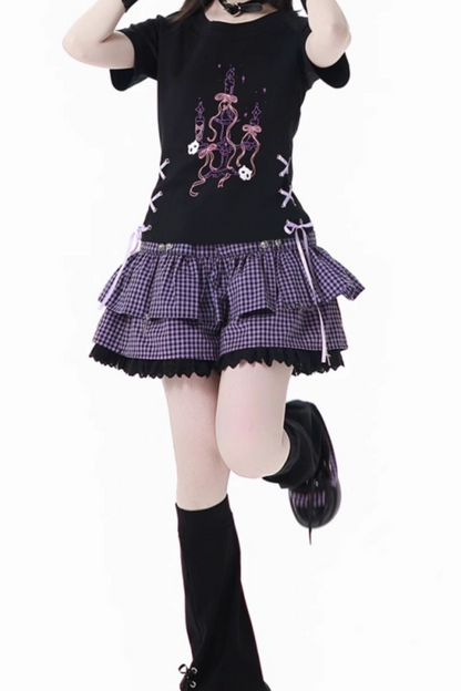 パープルグリッドカラーブロックトップス+フードトップス+パンツ+レッグウォーマー