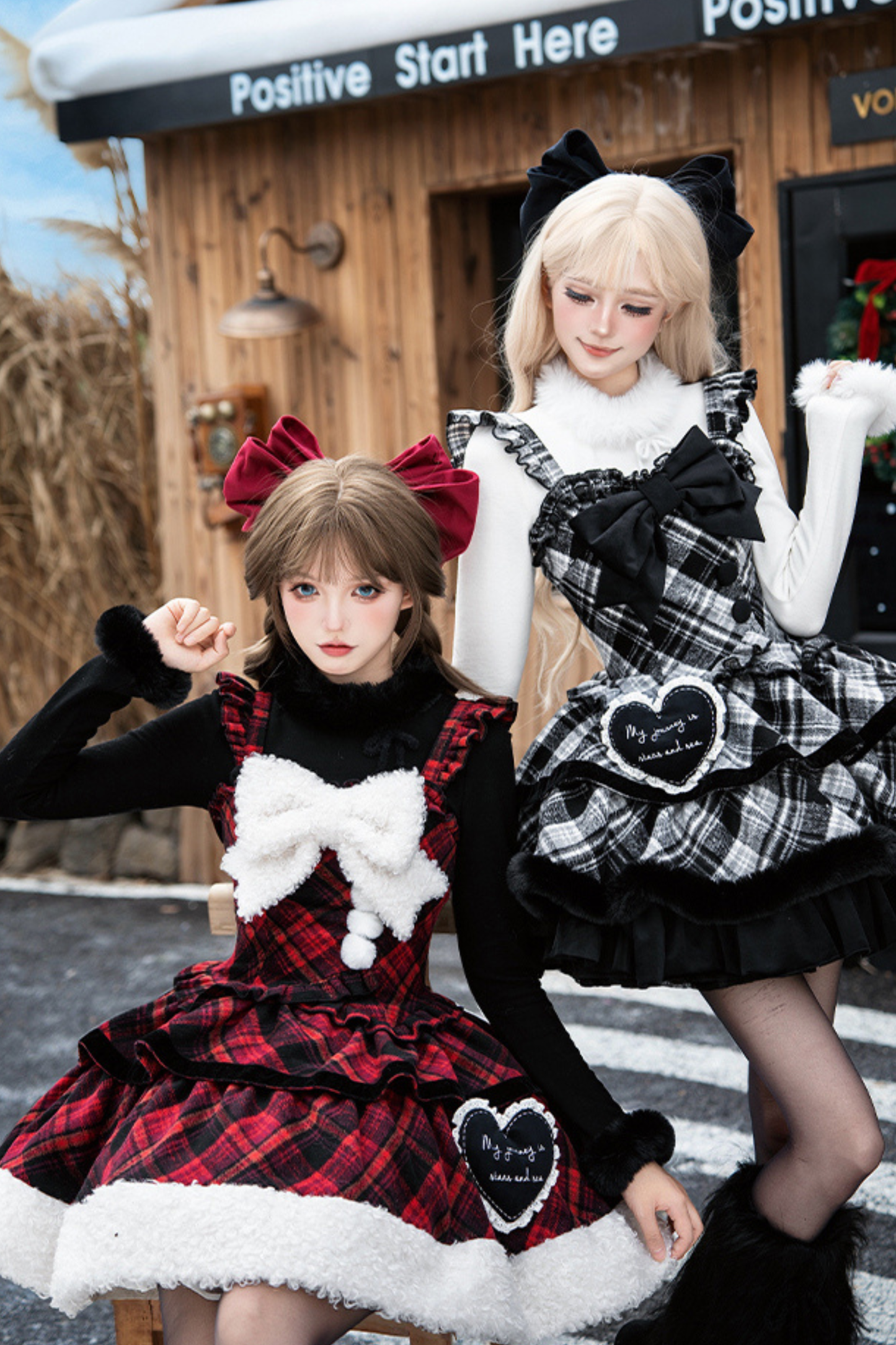 チェックドールジャンパースカート+リボンブローチ+ピン+ラブブローチ+ショール+トップス+レッグカバー