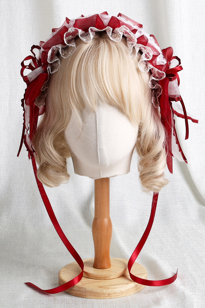 ローズレースロリータボンネット+ハット+ヘアバンド+クリップハット+クラウン