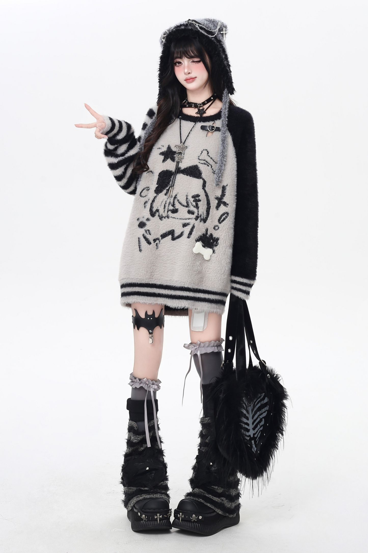 Hooded Loose Top with Striped Asymmetrical Ears