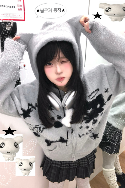 Cat Ear Hood Loose Zip Cardigan