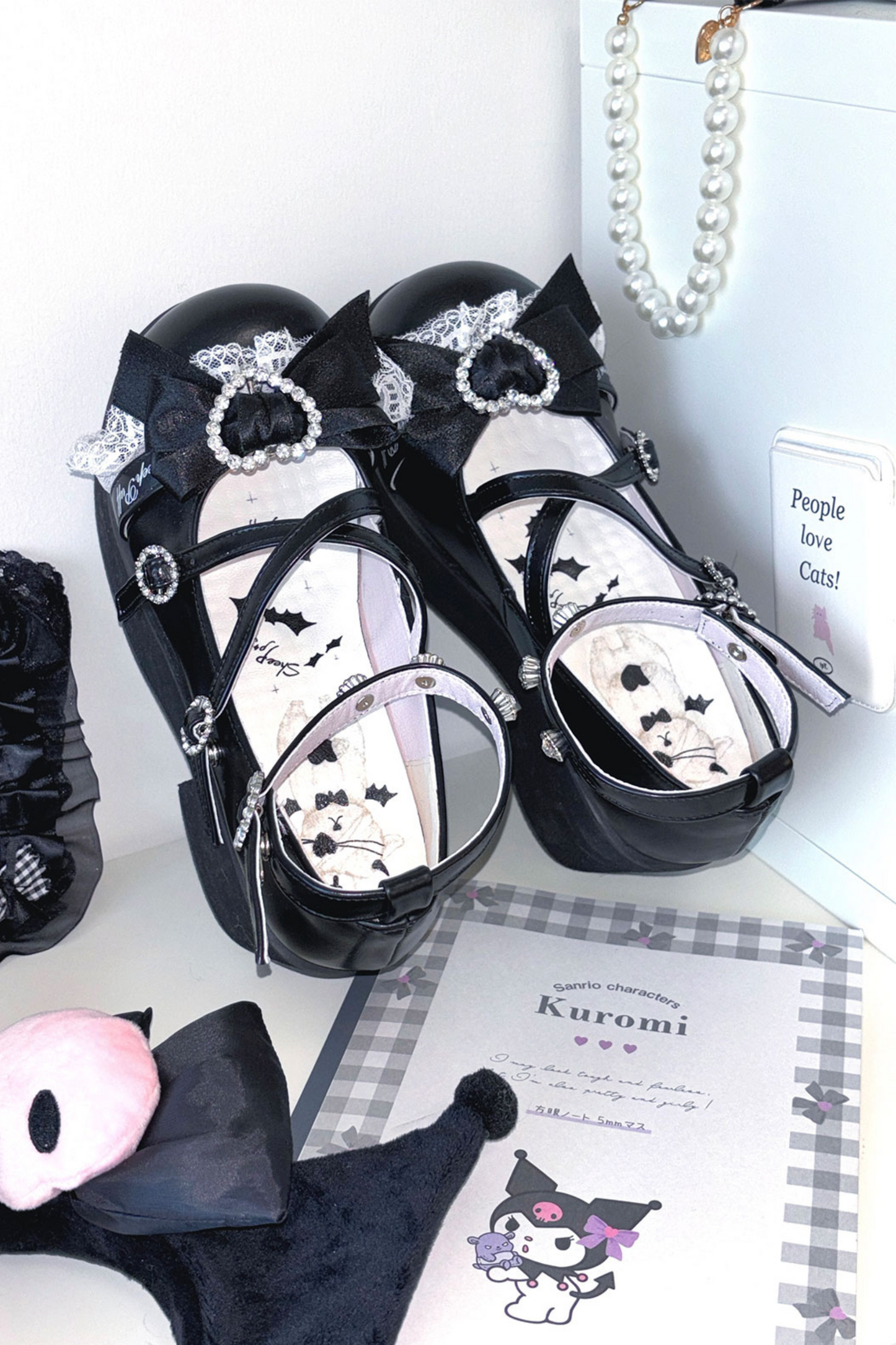 レイシープパフロリータレースラインストーンリボンフラットフォームシューズ