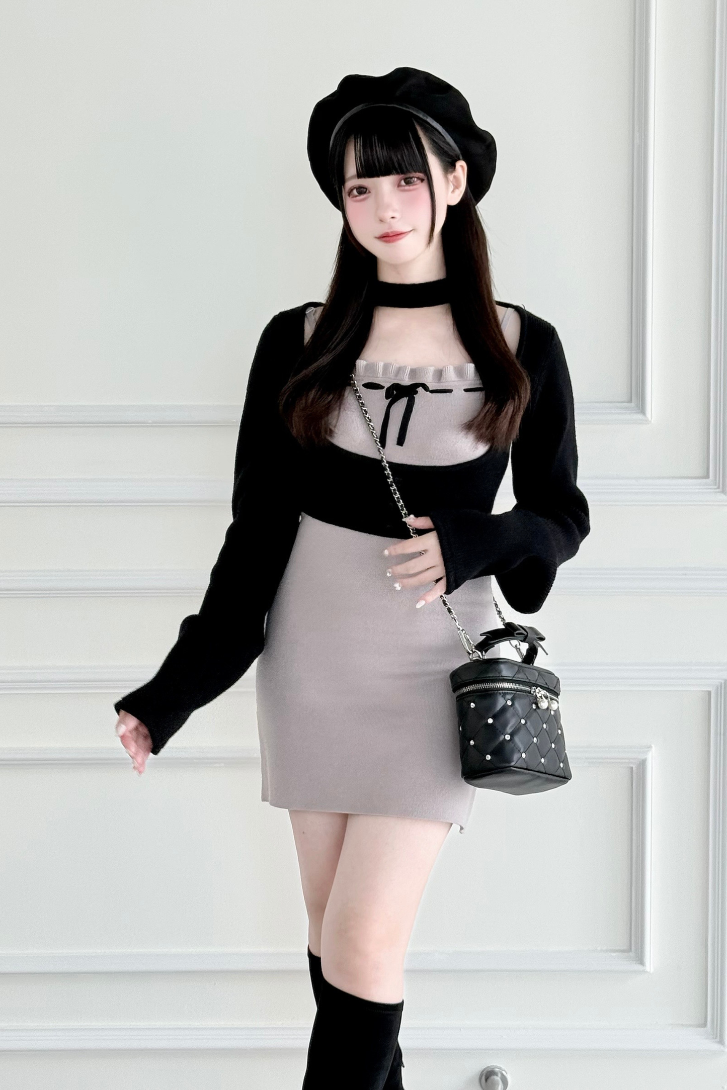 ショートニットカーディガン+タイトドレス