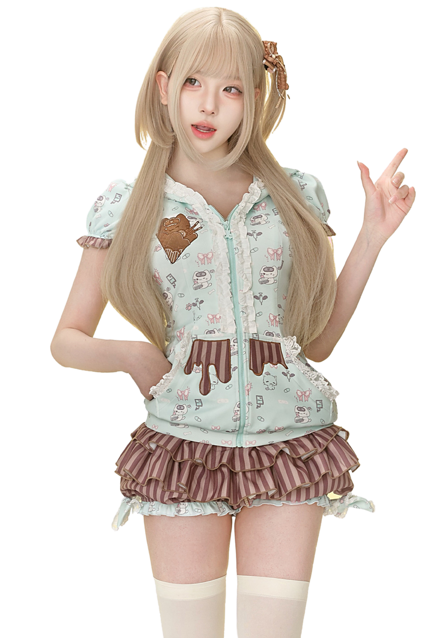 ミントグリーンプリントジャケット＆ケーキスカート