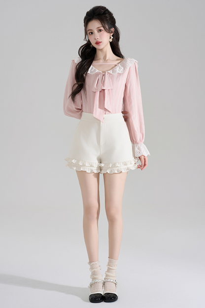 Pink Striped Lace Trim Blouse + Ruffled Shorts