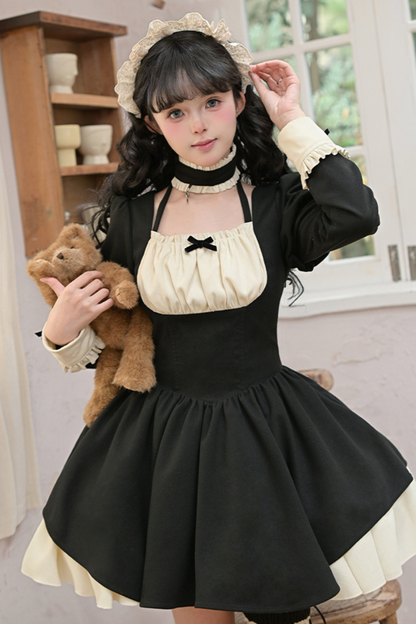 ツインフリルメイドロリータドレス+エプロン+チョーカー+ヘッドバンド+リボン+レッグカバー