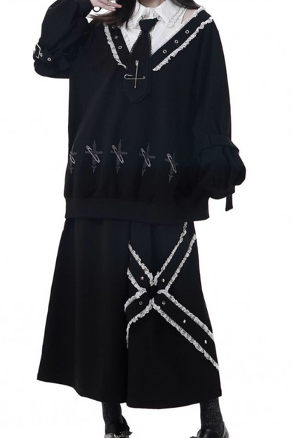 ビッグスイングシャツデザイントップス+フードワンピース+ロングキュロット