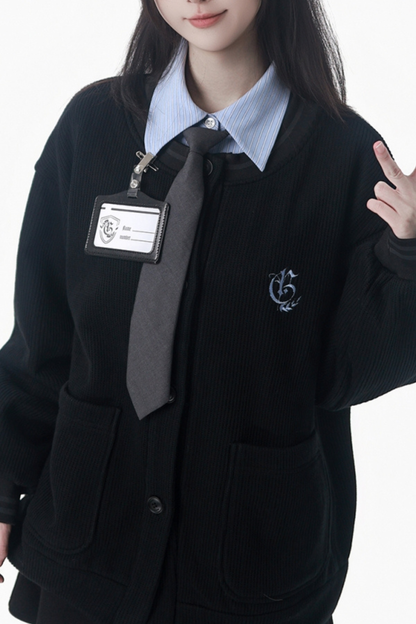 カレッジブルーシャツ+カーディガン+ショートスカート+ロングスカート