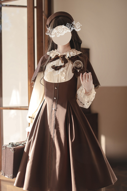 フレンチブラウンヴィンテージロリータドレス+ケープ+ベレー帽+バッジ