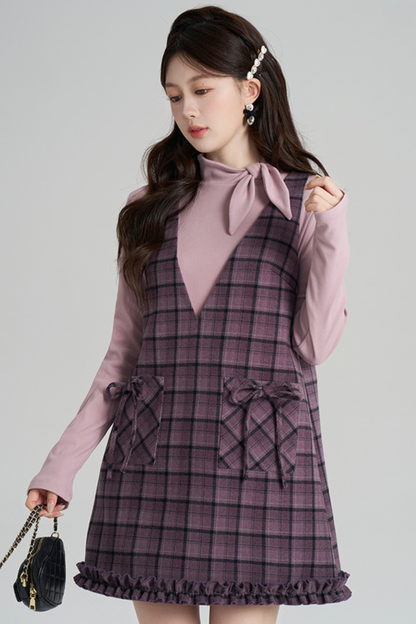 パープルプレイドラッフルドレス+トップス