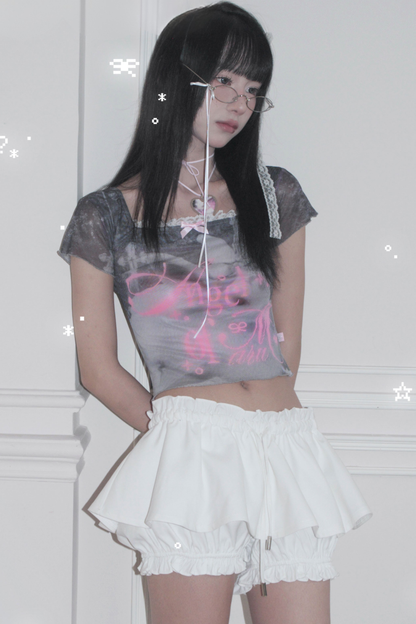 Bunny Cake Print Ash Sheer Mesh Slim Top