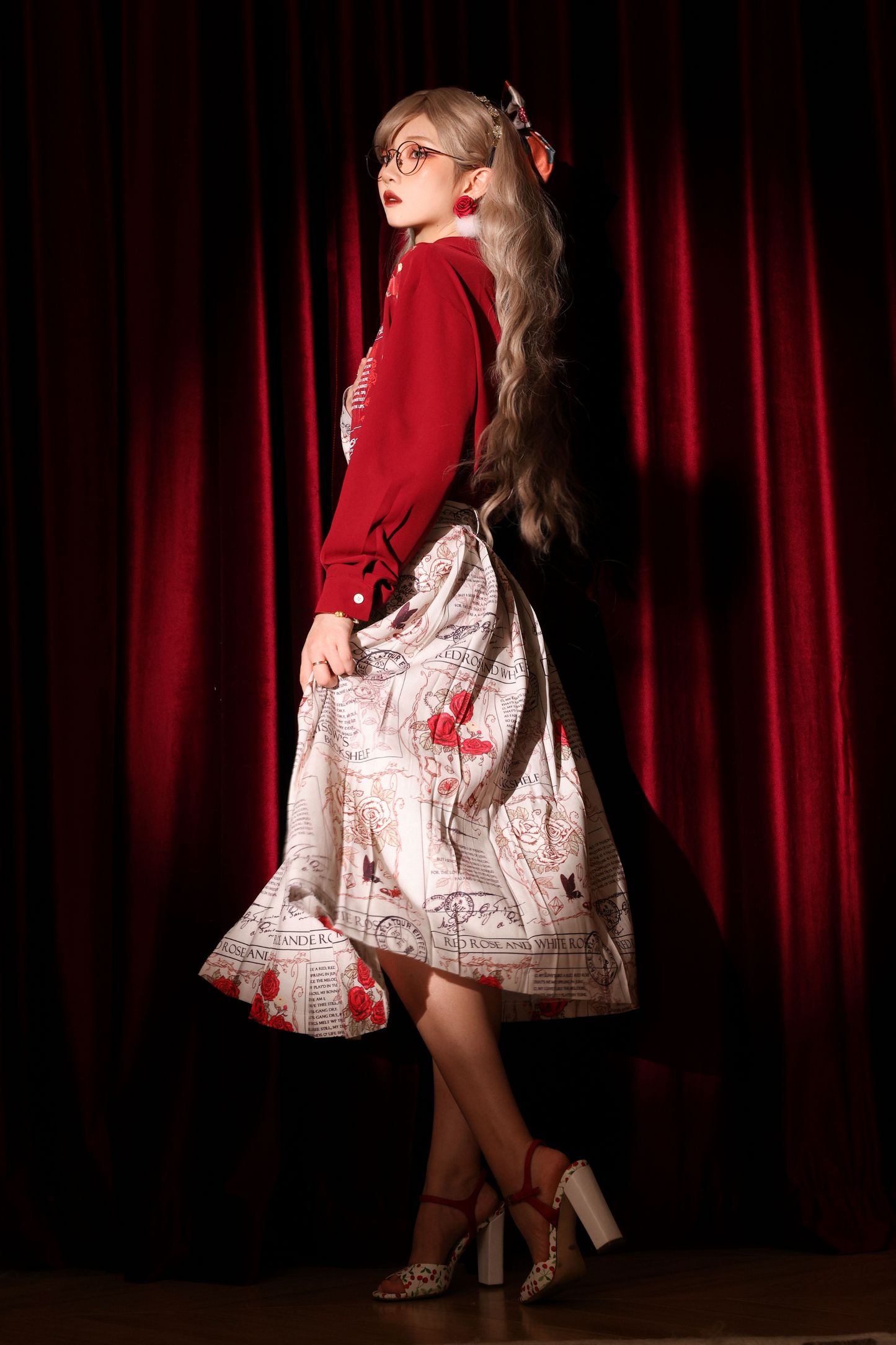 Retro Rose Print Stitch Shirt + Pleated Slit Skirt