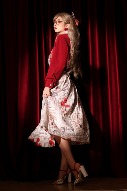 Retro Rose Print Stitch Shirt + Pleated Slit Skirt